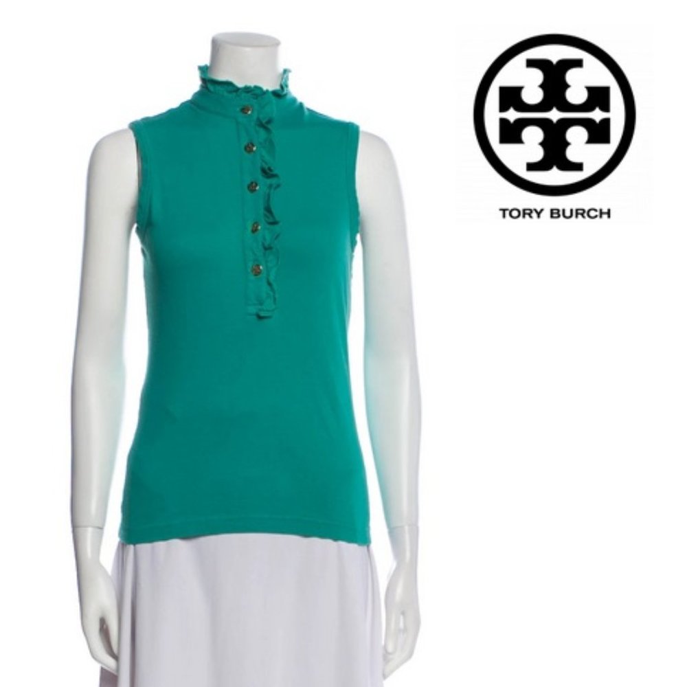 TORY BURCH Lidia Sleeveless Green Mock Neck Ruffle Polo Shirt Size XS